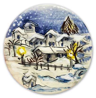Formella in ceramica dipinta a mano – Paesaggio invernale – Ø 9 cm – ENEA