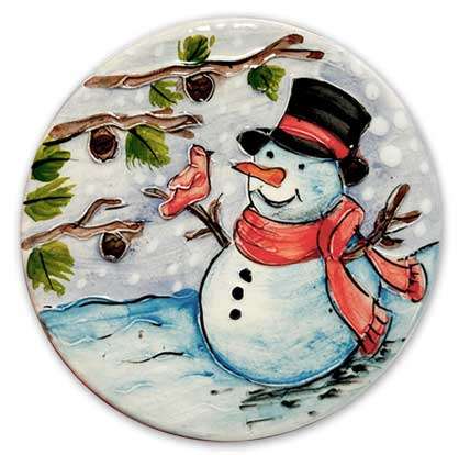 Formella in ceramica dipinta a mano – Pupazzo di neve – Ø 9 cm – ENEA