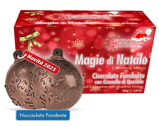 Palle di cioccolato fondente Magie di Natale-Chocolate Balls con decoro natalizio, gusto nocciolato fondente, novità 2025 per decorazioni e dolci regali.